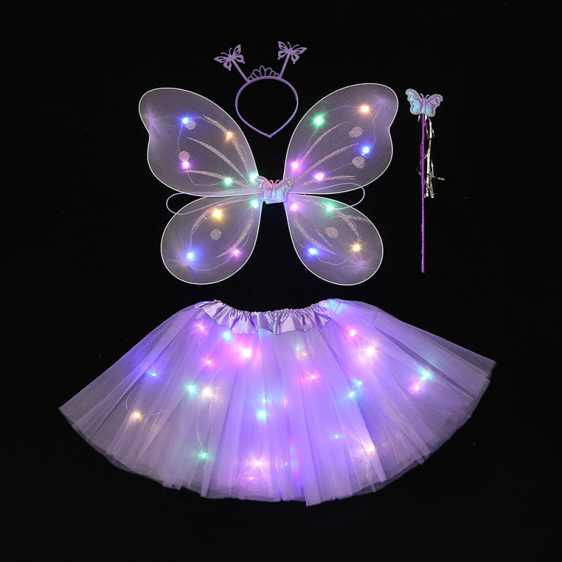 Kosmētikas apģērbu rekvizīti: četrdaļīgs komplekts ar spīdīgu tauriņa motīvu uz aizmugurējās galvas lentes un tiuliskām svārkiem bērnu izrādei