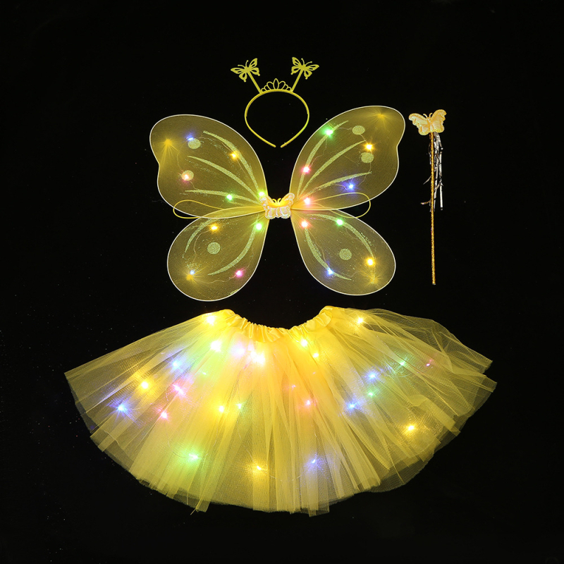 Kosmētikas apģērbu rekvizīti: četrdaļīgs komplekts ar spīdīgu tauriņa motīvu uz aizmugurējās galvas lentes un tiuliskām svārkiem bērnu izrādei