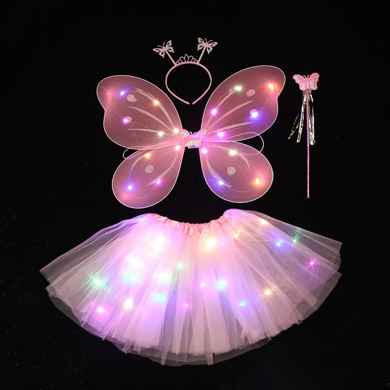 Kosmētikas apģērbu rekvizīti: četrdaļīgs komplekts ar spīdīgu tauriņa motīvu uz aizmugurējās galvas lentes un tiuliskām svārkiem bērnu izrādei