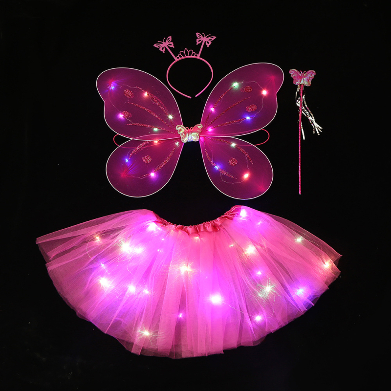 Kosmētikas apģērbu rekvizīti: četrdaļīgs komplekts ar spīdīgu tauriņa motīvu uz aizmugurējās galvas lentes un tiuliskām svārkiem bērnu izrādei