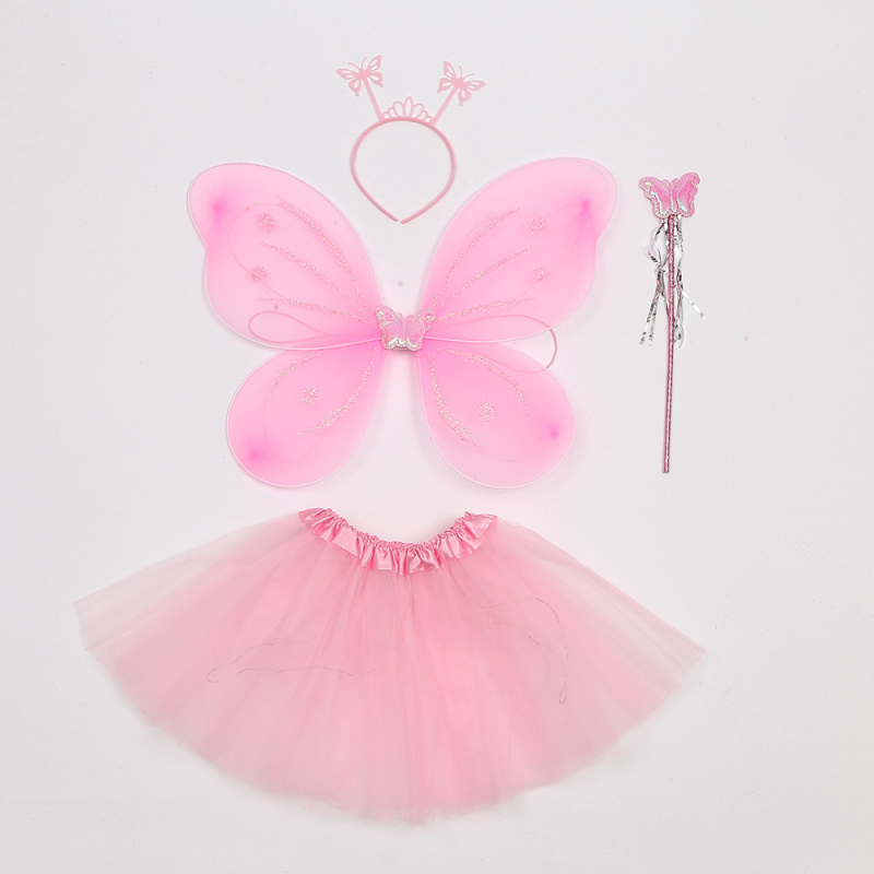 Kosmētikas apģērbu rekvizīti: četrdaļīgs komplekts ar spīdīgu tauriņa motīvu uz aizmugurējās galvas lentes un tiuliskām svārkiem bērnu izrādei