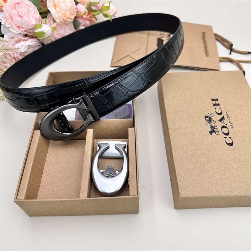 Vīriešu josta ar automātisko sprādzi, teksturēta āda no split cowhide transfer printing leather; sprādze no sakaļiem; platums 2–4 cm; stils: bizness, daudzpusīgs, elegants, minimālists