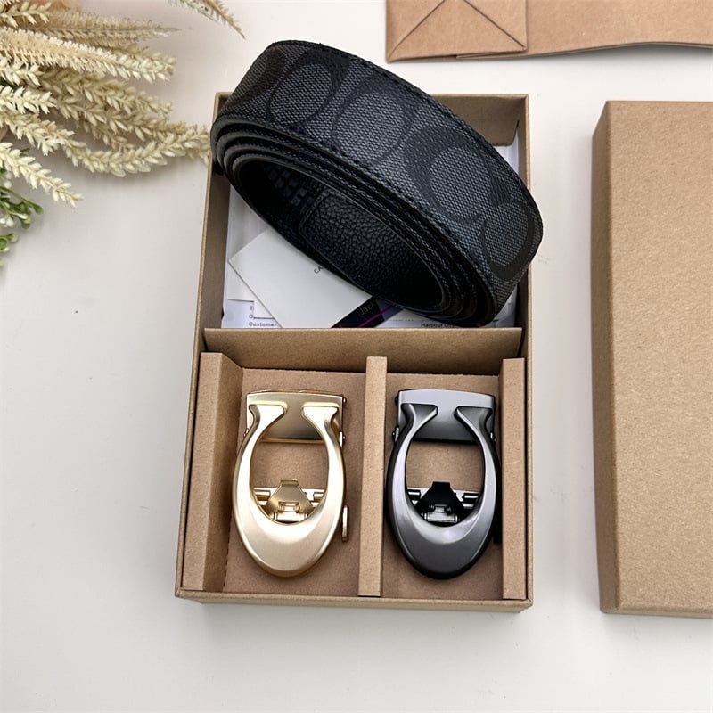 Vīriešu josta ar automātisko sprādzi, teksturēta āda no split cowhide transfer printing leather; sprādze no sakaļiem; platums 2–4 cm; stils: bizness, daudzpusīgs, elegants, minimālists