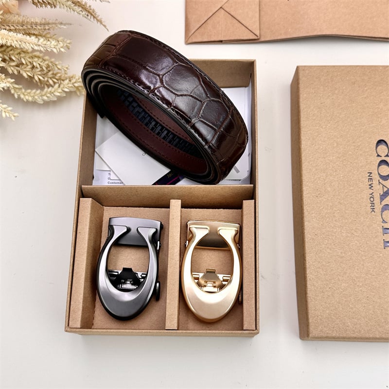 Vīriešu josta ar automātisko sprādzi, teksturēta āda no split cowhide transfer printing leather; sprādze no sakaļiem; platums 2–4 cm; stils: bizness, daudzpusīgs, elegants, minimālists