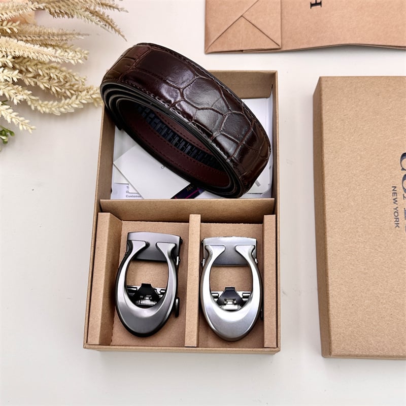 Vīriešu josta ar automātisko sprādzi, teksturēta āda no split cowhide transfer printing leather; sprādze no sakaļiem; platums 2–4 cm; stils: bizness, daudzpusīgs, elegants, minimālists