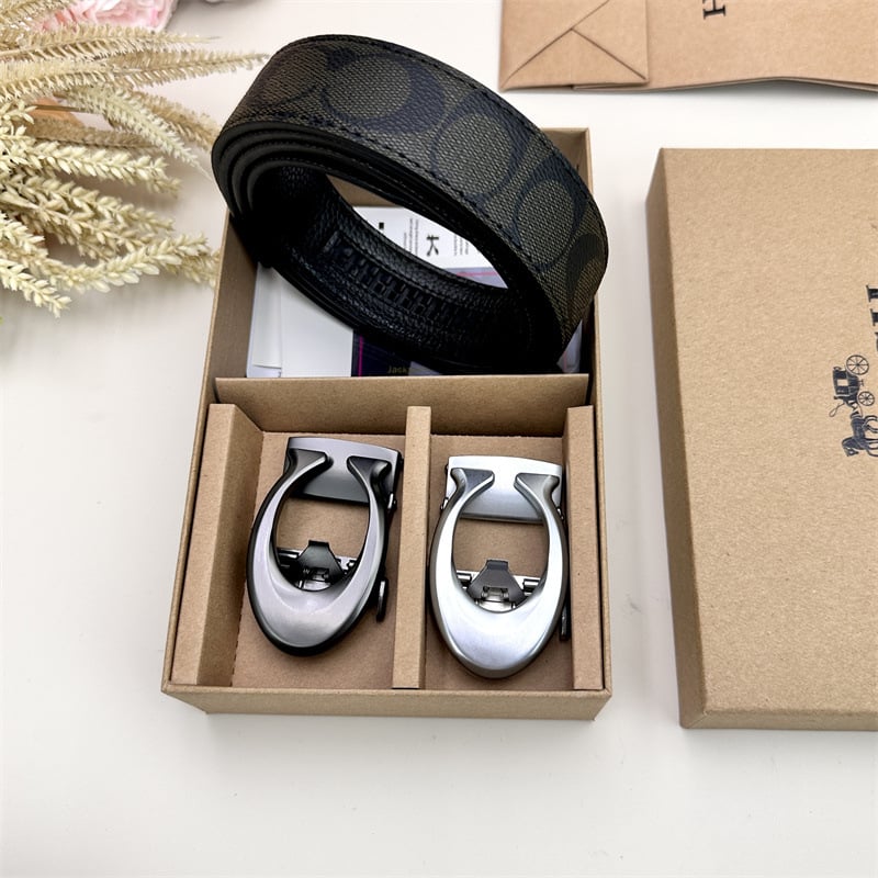 Vīriešu josta ar automātisko sprādzi, teksturēta āda no split cowhide transfer printing leather; sprādze no sakaļiem; platums 2–4 cm; stils: bizness, daudzpusīgs, elegants, minimālists