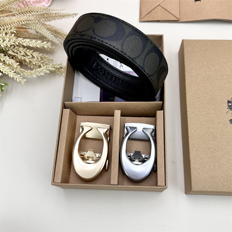 Vīriešu josta ar automātisko sprādzi, teksturēta āda no split cowhide transfer printing leather; sprādze no sakaļiem; platums 2–4 cm; stils: bizness, daudzpusīgs, elegants, minimālists