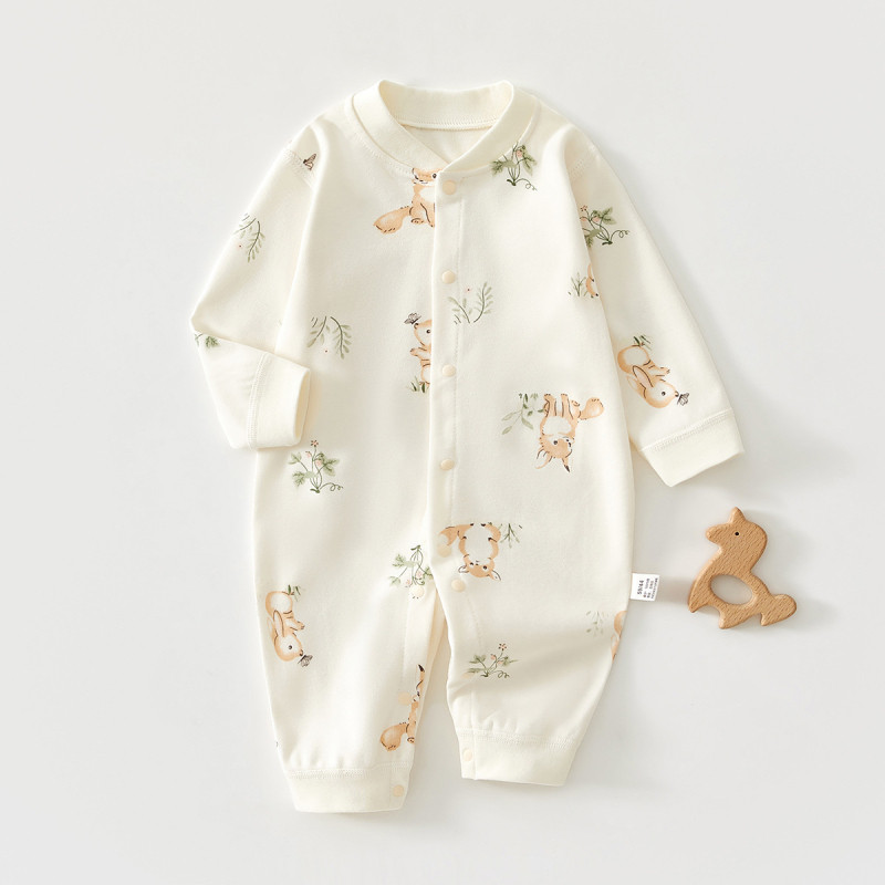 Kūdikio kombinezonas iš 100% medvilnės – unisex, ilgomis rankovėmis, pavasario–rudens sezonui, priekyje užsegamas vienu sageliu