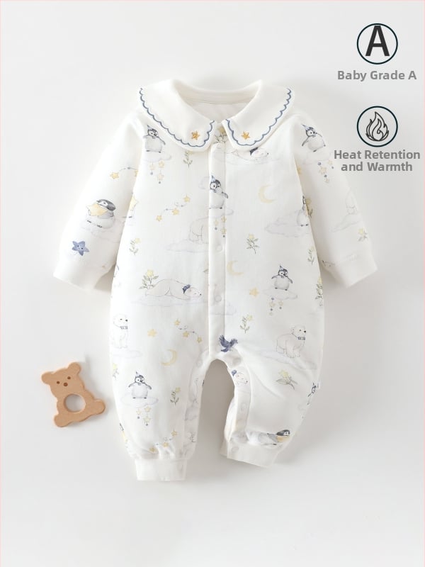 Kūdikio žieminis medvilninis kombinezonas su 60 g pūkų įdaru, priekinis užsegimas, ilgos rankovės