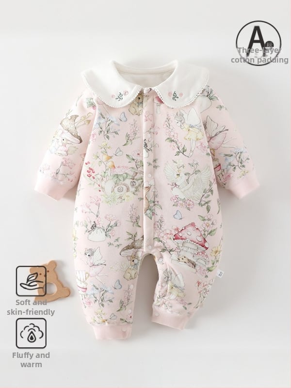 Kūdikio žieminis medvilninis kombinezonas su 60 g pūkų įdaru, priekinis užsegimas, ilgos rankovės