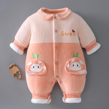 Kūdikių žieminis kombinezonas, storesnis audinys, 100% poliesteris, unisex, ilgos rankovės, priekinis užsegimas vienos eilės sagų