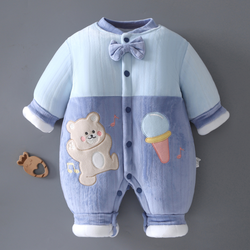 Kūdikių žieminis kombinezonas, storesnis audinys, 100% poliesteris, unisex, ilgos rankovės, priekinis užsegimas vienos eilės sagų