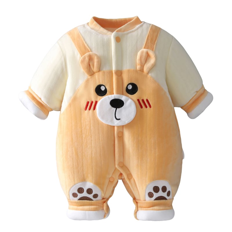 Kūdikių žieminis kombinezonas, storesnis audinys, 100% poliesteris, unisex, ilgos rankovės, priekinis užsegimas vienos eilės sagų