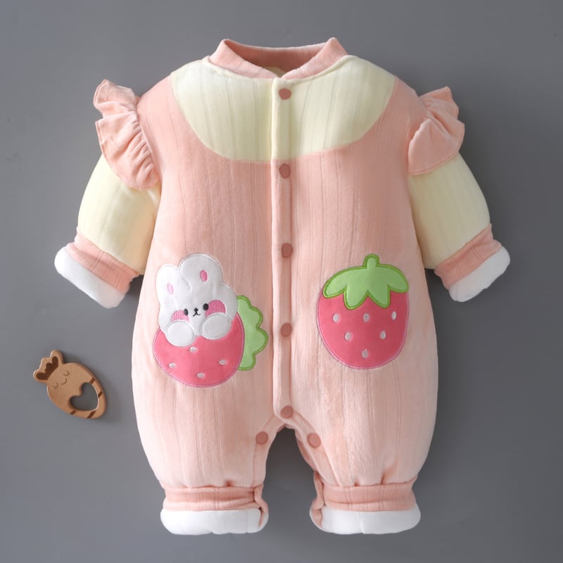 Kūdikių žieminis kombinezonas, storesnis audinys, 100% poliesteris, unisex, ilgos rankovės, priekinis užsegimas vienos eilės sagų