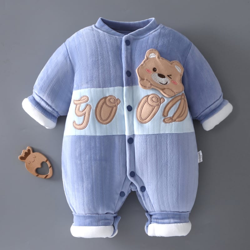 Kūdikių žieminis kombinezonas, storesnis audinys, 100% poliesteris, unisex, ilgos rankovės, priekinis užsegimas vienos eilės sagų