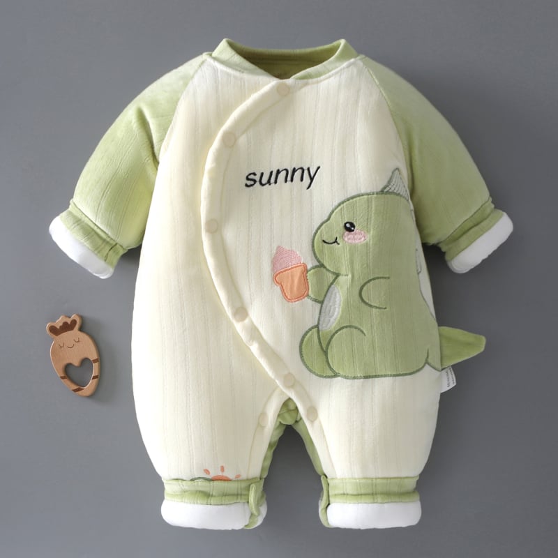 Kūdikių žieminis kombinezonas, storesnis audinys, 100% poliesteris, unisex, ilgos rankovės, priekinis užsegimas vienos eilės sagų