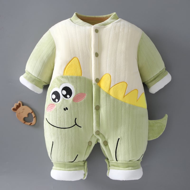 Kūdikių žieminis kombinezonas, storesnis audinys, 100% poliesteris, unisex, ilgos rankovės, priekinis užsegimas vienos eilės sagų