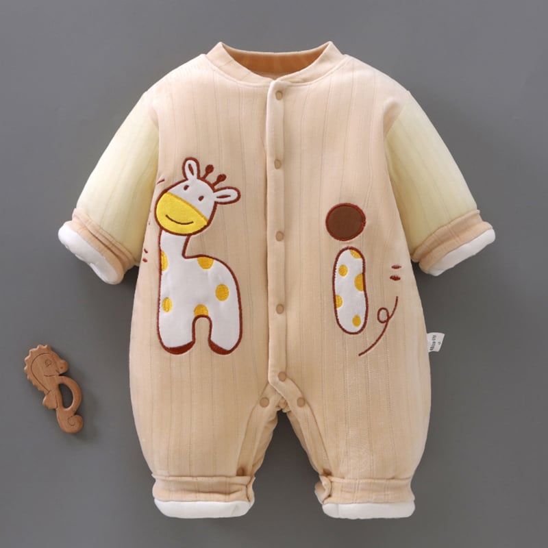 Kūdikių žieminis kombinezonas, storesnis audinys, 100% poliesteris, unisex, ilgos rankovės, priekinis užsegimas vienos eilės sagų