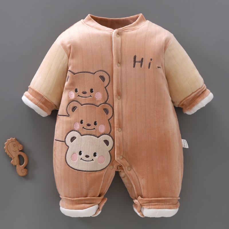 Kūdikių žieminis kombinezonas, storesnis audinys, 100% poliesteris, unisex, ilgos rankovės, priekinis užsegimas vienos eilės sagų