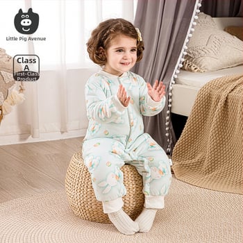 Kūdikio medvilninis kombinezonas su 120 g pūkų įdėklu, 100% medvilnė, ilgomis rankovėmis, unisex, priekyje vienu mygtuku užsegamas