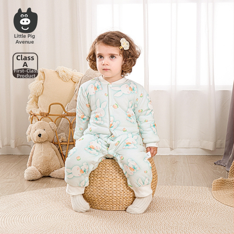 Kūdikio medvilninis kombinezonas su 120 g pūkų įdėklu, 100% medvilnė, ilgomis rankovėmis, unisex, priekyje vienu mygtuku užsegamas