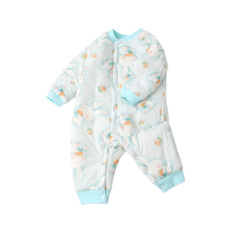Kūdikio medvilninis kombinezonas su 120 g pūkų įdėklu, 100% medvilnė, ilgomis rankovėmis, unisex, priekyje vienu mygtuku užsegamas