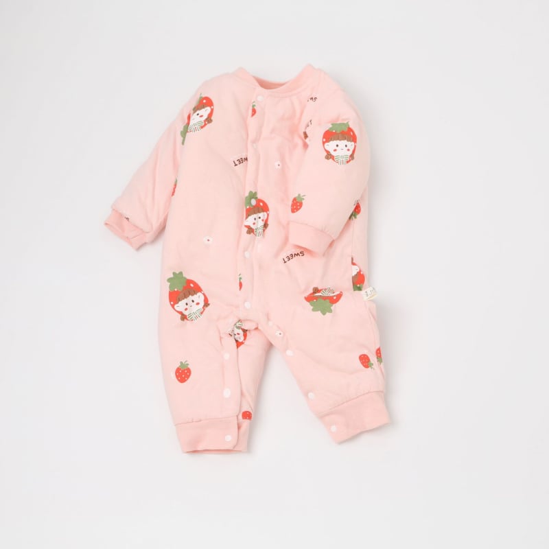 Kūdikio medvilninis kombinezonas su 120 g pūkų įdėklu, 100% medvilnė, ilgomis rankovėmis, unisex, priekyje vienu mygtuku užsegamas