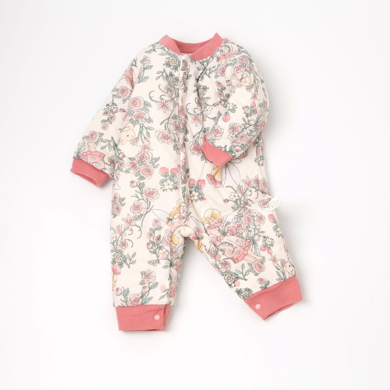 Kūdikio medvilninis kombinezonas su 120 g pūkų įdėklu, 100% medvilnė, ilgomis rankovėmis, unisex, priekyje vienu mygtuku užsegamas