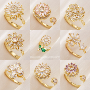 Vario žiedas su cirkonų mikroinkrustacijomis, sukiojamas apskritos gėlės dizainas, elektroplatinė danga, kilmė Yiwu