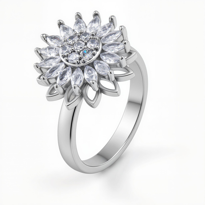Vario žiedas su cirkonų mikroinkrustacijomis, sukiojamas apskritos gėlės dizainas, elektroplatinė danga, kilmė Yiwu
