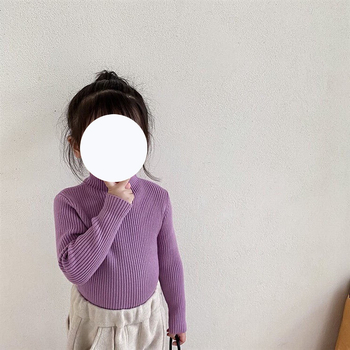 Vaikiška megztinė palaidinė korėjietišku stiliumi, 30% medvilnė, pusiau aukštas kaklas, ribiniai raštai, ilgos rankovės