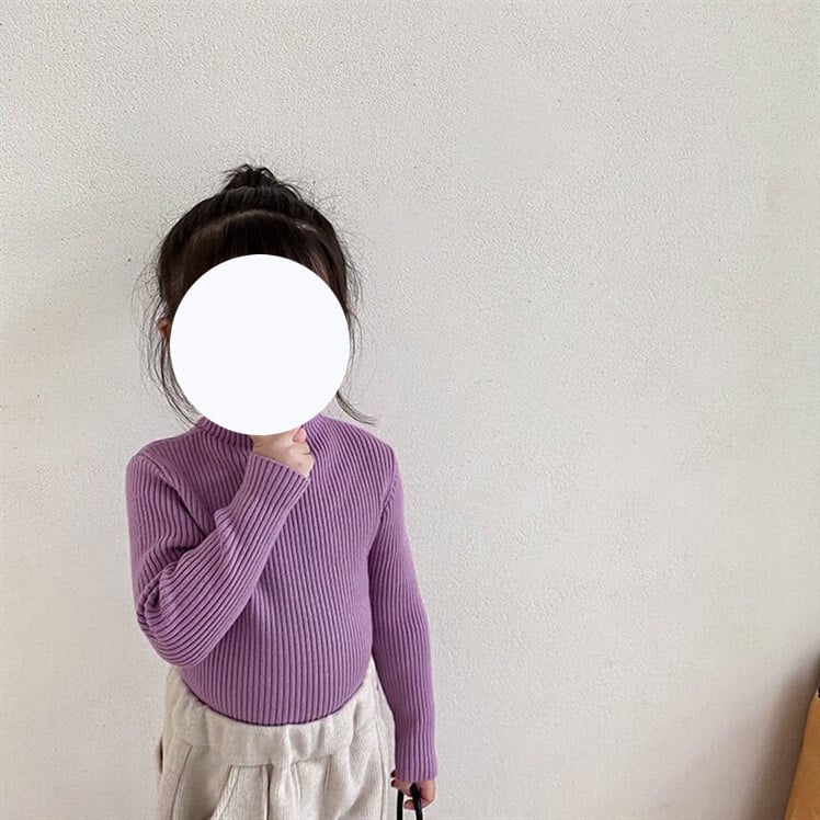 Vaikiška megztinė palaidinė korėjietišku stiliumi, 30% medvilnė, pusiau aukštas kaklas, ribiniai raštai, ilgos rankovės