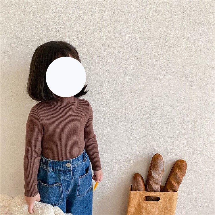 Vaikiška megztinė palaidinė korėjietišku stiliumi, 30% medvilnė, pusiau aukštas kaklas, ribiniai raštai, ilgos rankovės