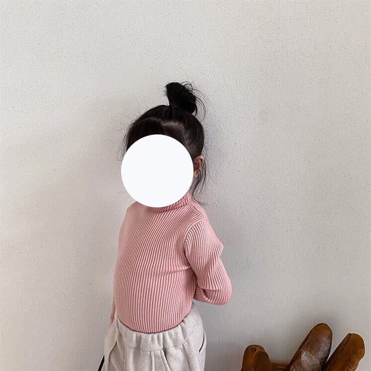 Vaikiška megztinė palaidinė korėjietišku stiliumi, 30% medvilnė, pusiau aukštas kaklas, ribiniai raštai, ilgos rankovės