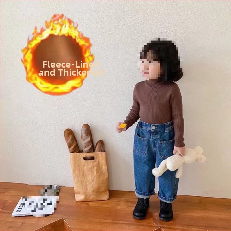 Vaikiška megztinė palaidinė korėjietišku stiliumi, 30% medvilnė, pusiau aukštas kaklas, ribiniai raštai, ilgos rankovės