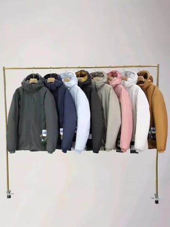 Geacă cu glugă din nylon, umplutură poliesterică, ușoară, călduroasă, cu fermoar