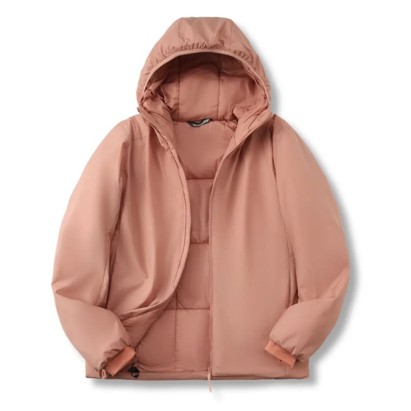 Geacă cu glugă din nylon, umplutură poliesterică, ușoară, călduroasă, cu fermoar