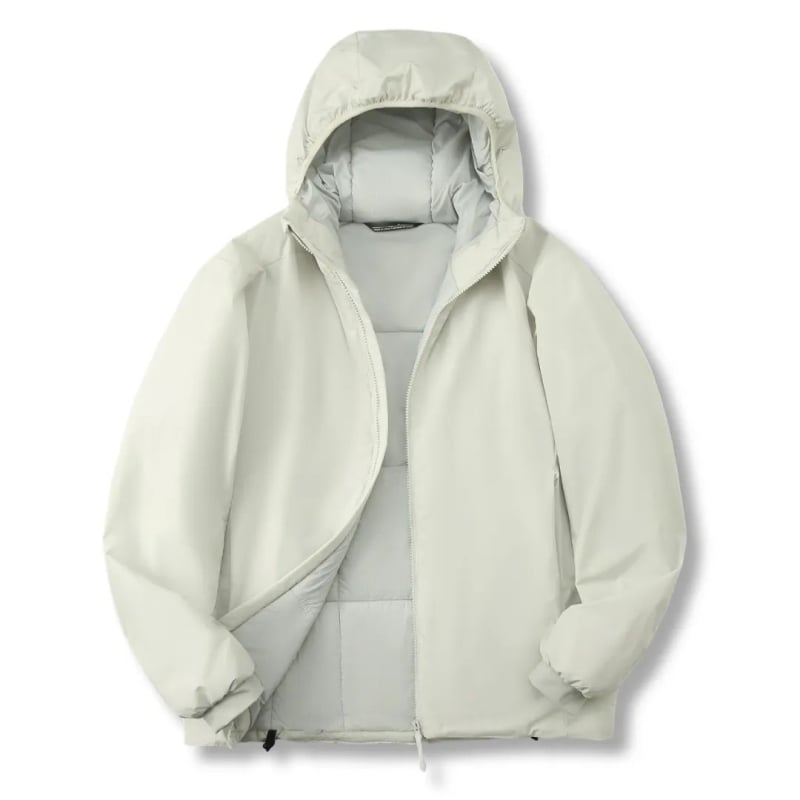 Geacă cu glugă din nylon, umplutură poliesterică, ușoară, călduroasă, cu fermoar
