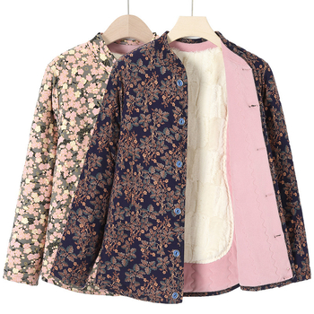 Sieviešu virsjak ar camel hair cotton pildījumu, stāvā apkakle, ziedu raksts, poliestera audums, garums 50–65 cm