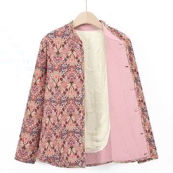 Sieviešu virsjak ar camel hair cotton pildījumu, stāvā apkakle, ziedu raksts, poliestera audums, garums 50–65 cm