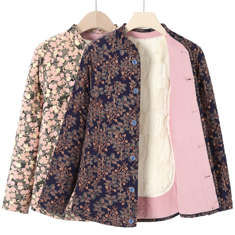 Sieviešu virsjak ar camel hair cotton pildījumu, stāvā apkakle, ziedu raksts, poliestera audums, garums 50–65 cm