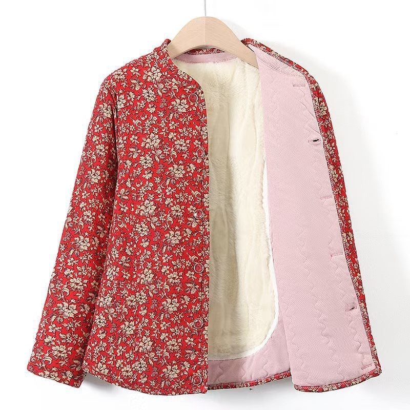 Sieviešu virsjak ar camel hair cotton pildījumu, stāvā apkakle, ziedu raksts, poliestera audums, garums 50–65 cm