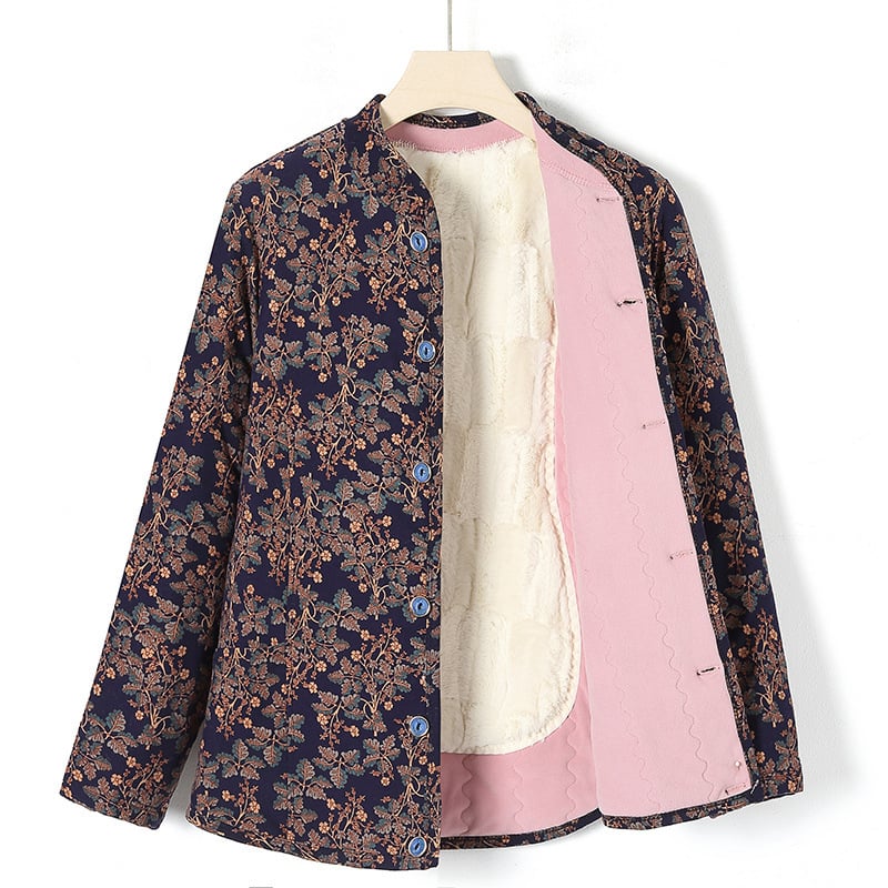 Sieviešu virsjak ar camel hair cotton pildījumu, stāvā apkakle, ziedu raksts, poliestera audums, garums 50–65 cm