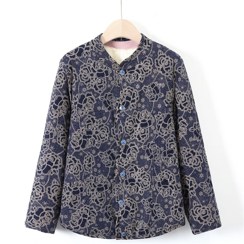 Sieviešu virsjak ar camel hair cotton pildījumu, stāvā apkakle, ziedu raksts, poliestera audums, garums 50–65 cm