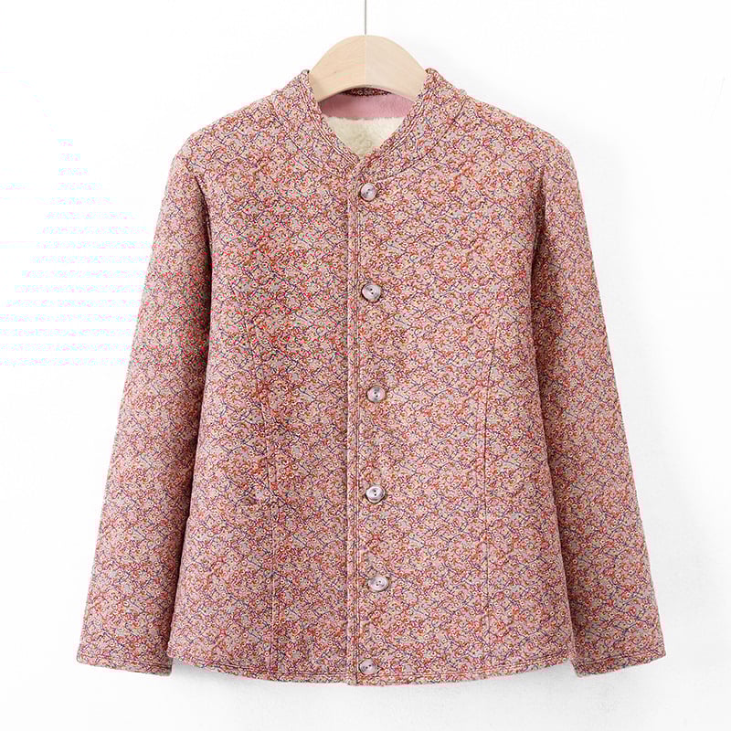 Sieviešu virsjak ar camel hair cotton pildījumu, stāvā apkakle, ziedu raksts, poliestera audums, garums 50–65 cm