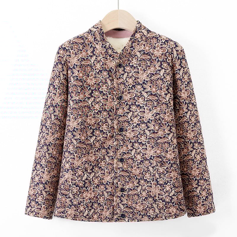 Sieviešu virsjak ar camel hair cotton pildījumu, stāvā apkakle, ziedu raksts, poliestera audums, garums 50–65 cm