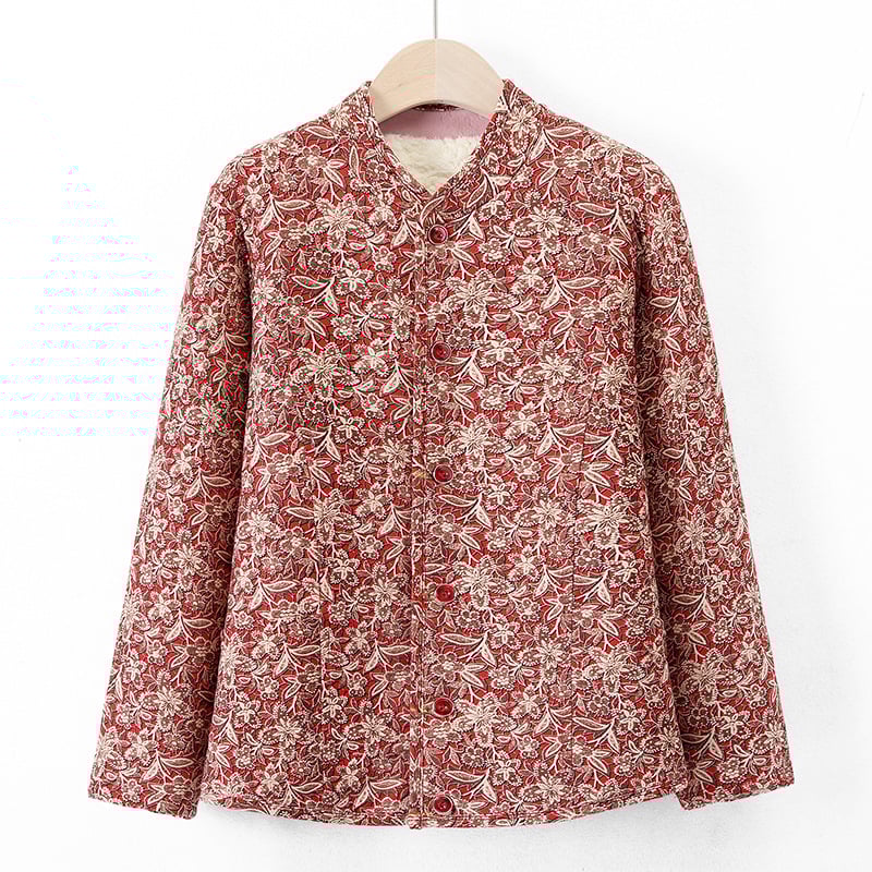 Sieviešu virsjak ar camel hair cotton pildījumu, stāvā apkakle, ziedu raksts, poliestera audums, garums 50–65 cm