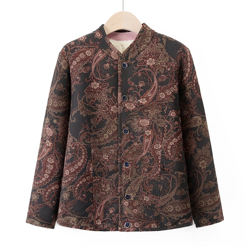 Sieviešu virsjak ar camel hair cotton pildījumu, stāvā apkakle, ziedu raksts, poliestera audums, garums 50–65 cm