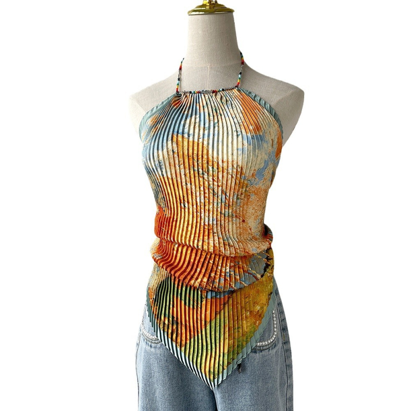 Ženski halter top s otiskom slike ulja, kratki satenski top za ljeto 2025