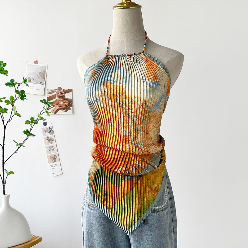 Ženski halter top s otiskom slike ulja, kratki satenski top za ljeto 2025